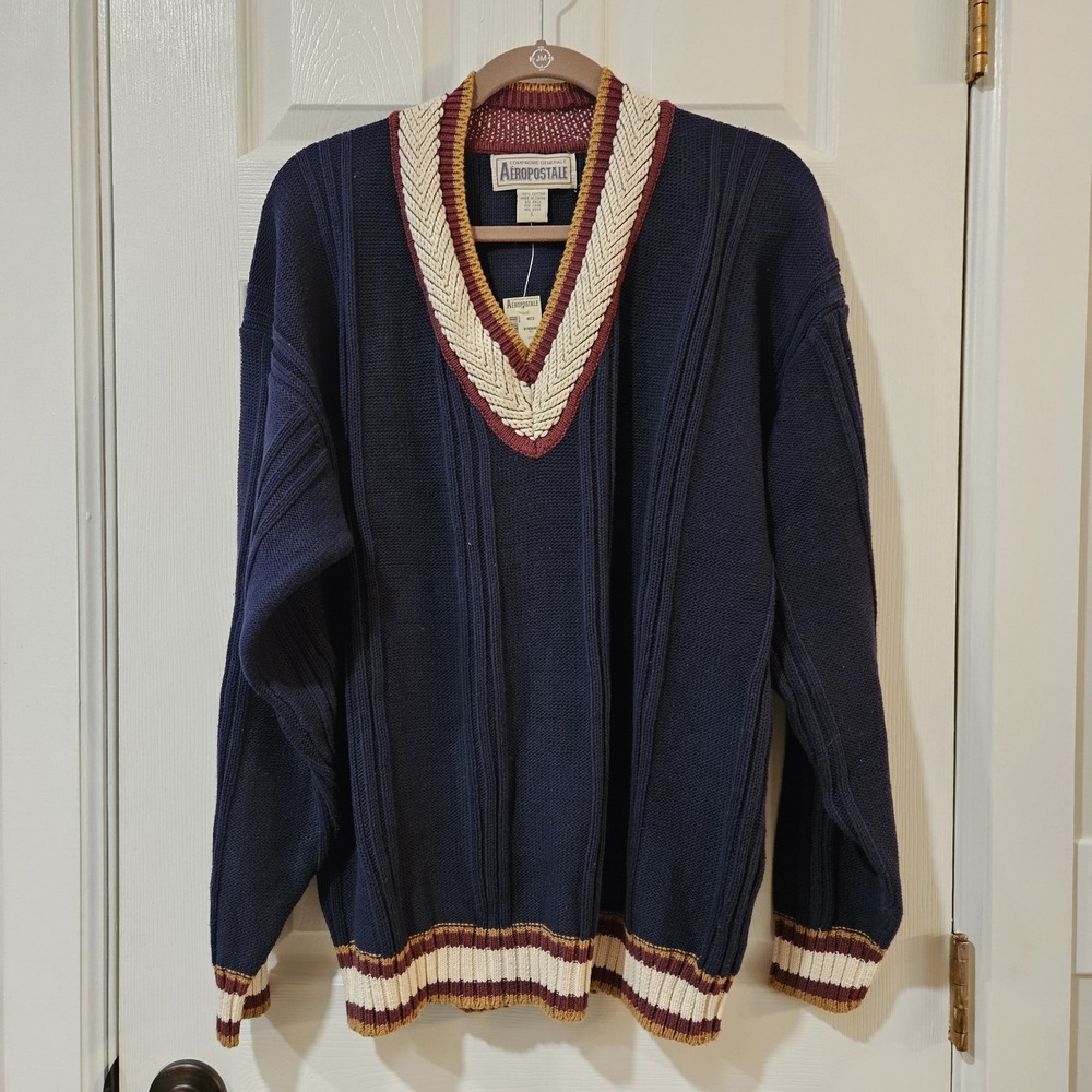 Vtg 1990's Aeropostale Cable Knit V Neck Sweater Size Lg NWT Preppy